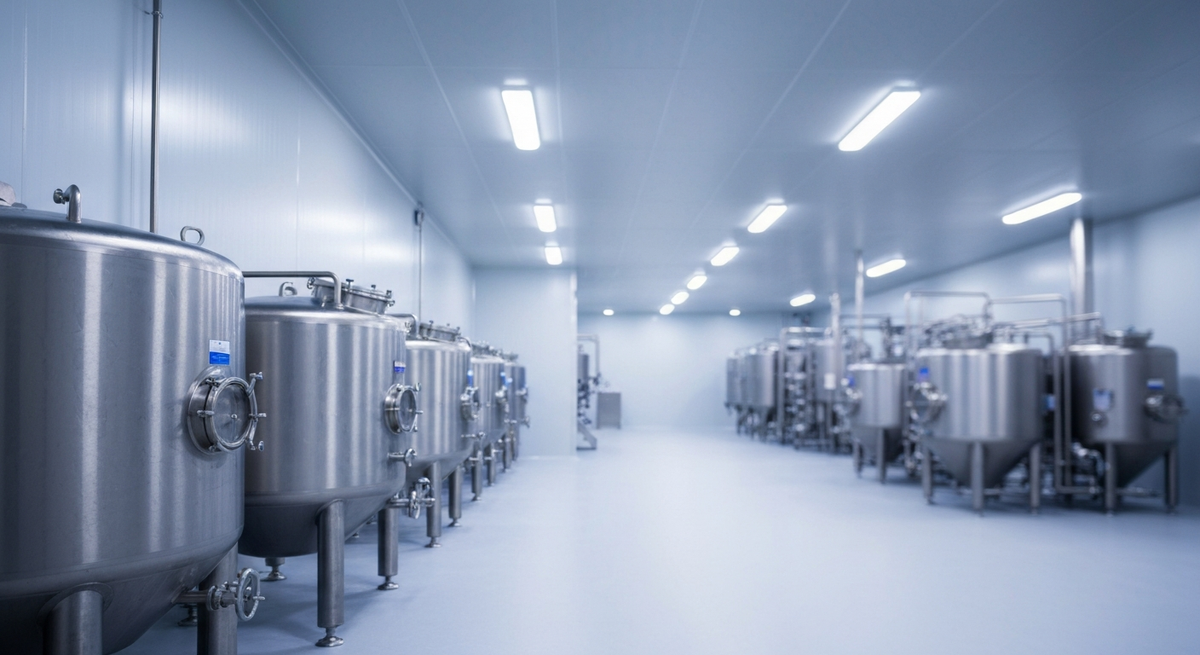 Modern food and beverage manufacturing facility with food-grade-coated walls and stainless steel tanks