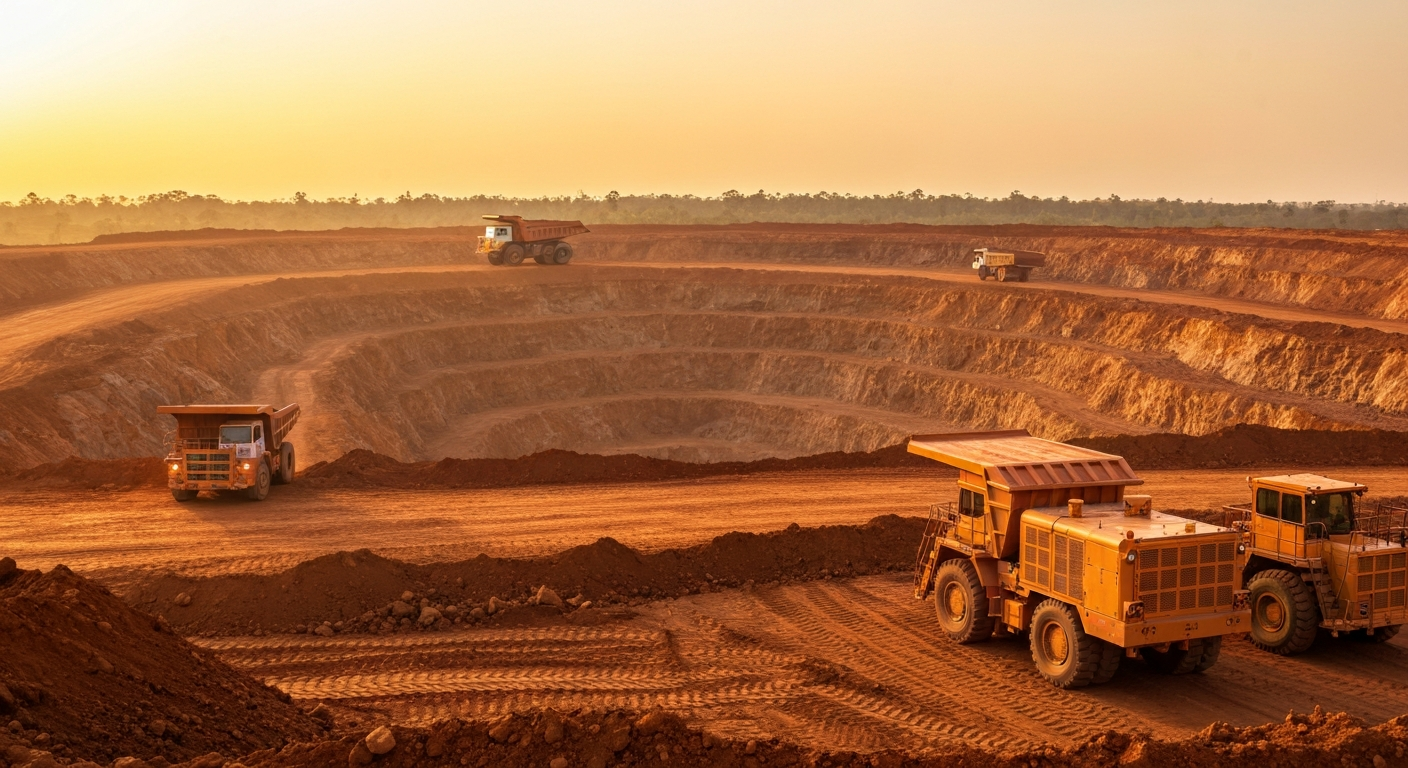 Open-pit gold mine in West Africa at dawn with warm earth tones and freshly coated heavy mining equipment — coating systems